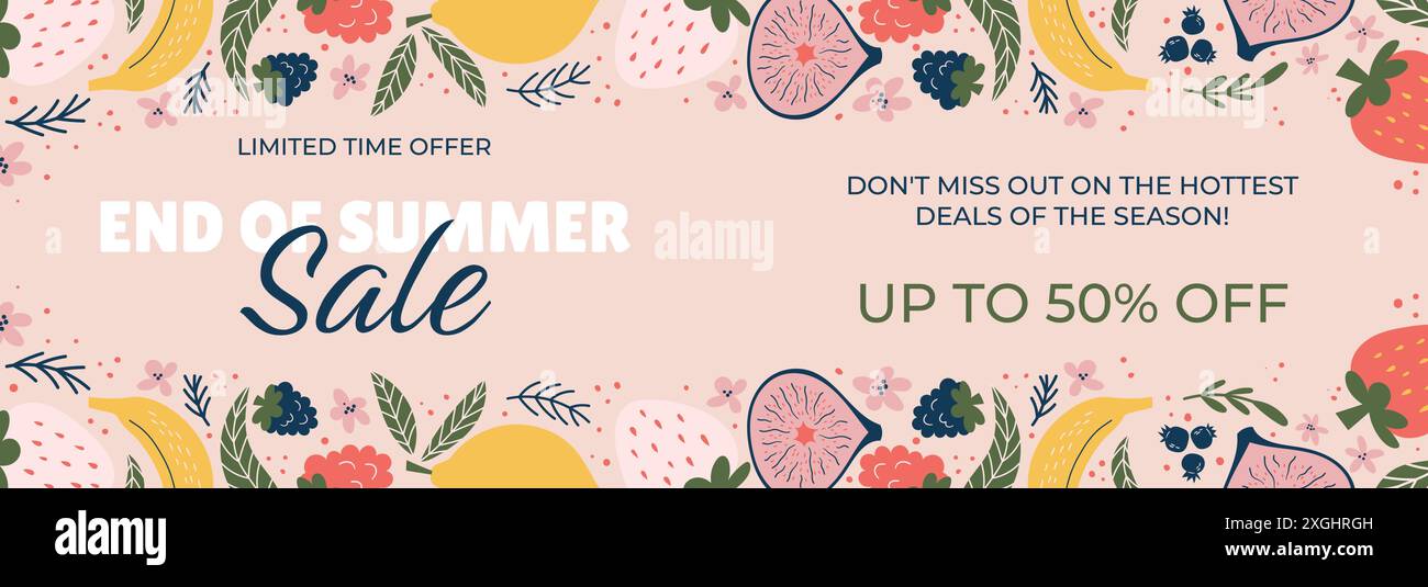 End of Summer Sale banner, pastel background with lively illustrations of lemons, figs, bananas