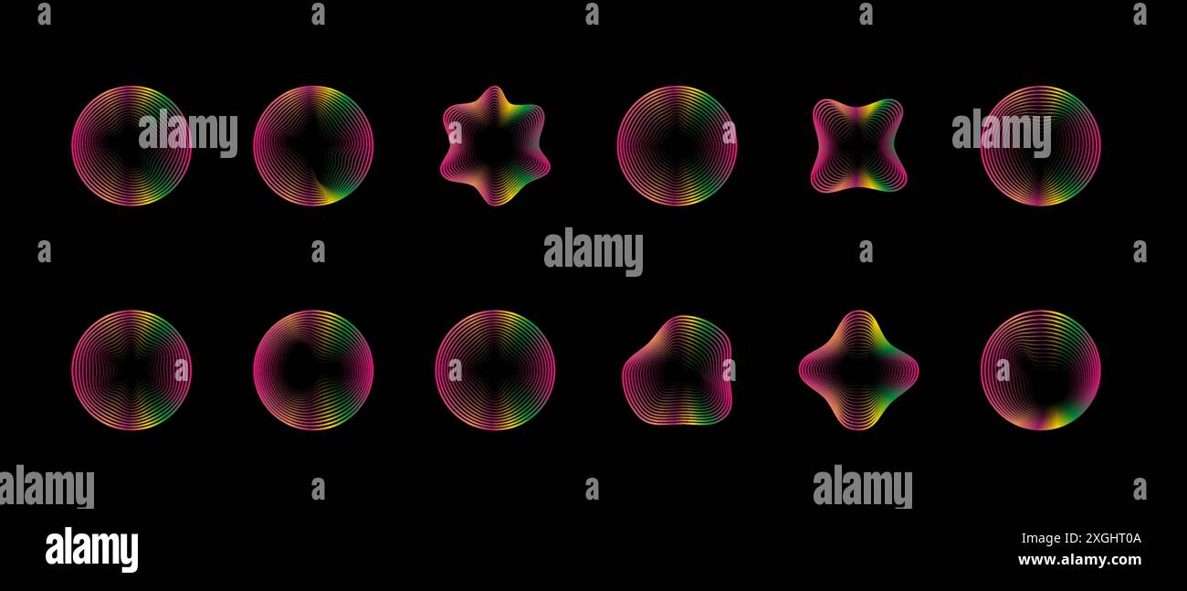Abstract neon circles set. Gradient circular frames with wavy dynamic curve lines glow effect copy space. Vector logo on dark Stock Vector