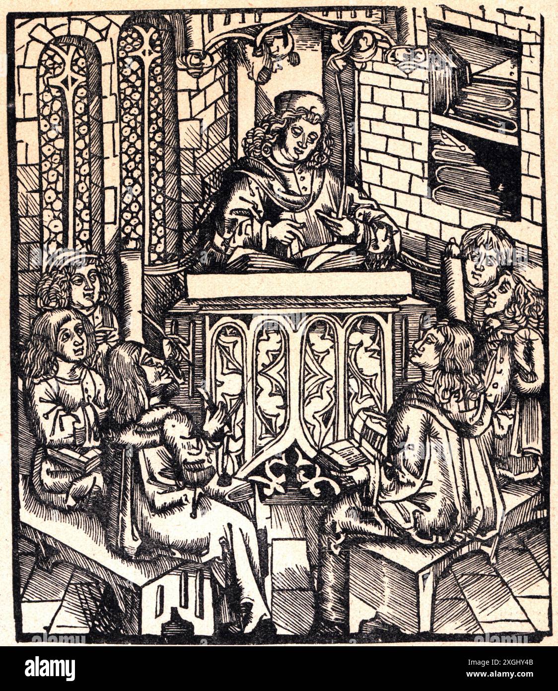 pedagogy, university, professor of medicine at a lecture, woodcut, ADDITIONAL-RIGHTS-CLEARANCE-INFO-NOT-AVAILABLE Stock Photo
