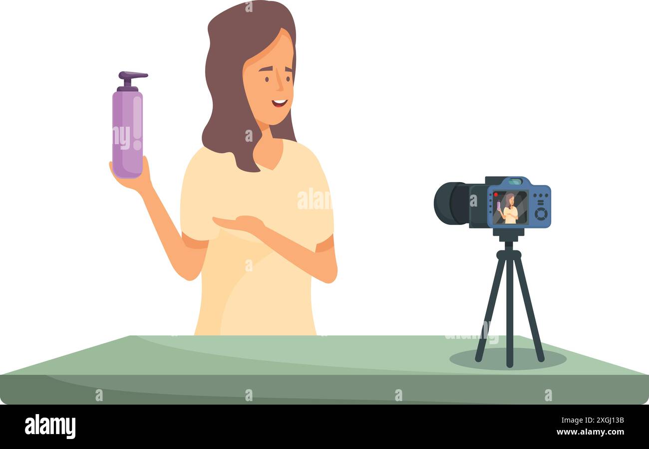 Young woman is filming her beauty blog, presenting cosmetics product Stock Vector