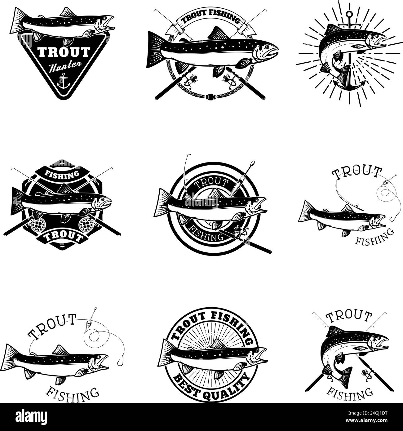 Set of trout fishing labels. Fishing club, team emblems templates