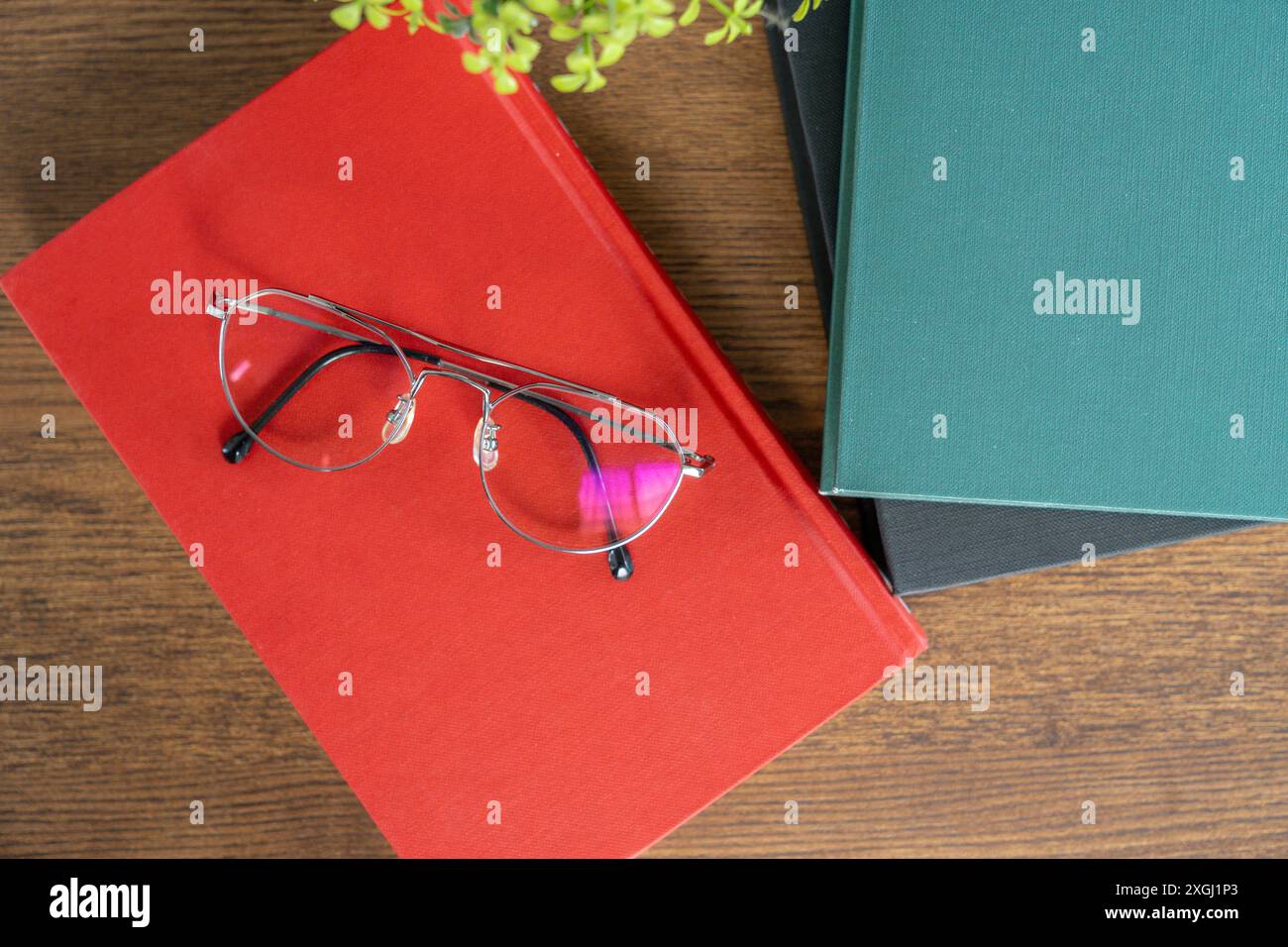 Glasses resting on a book during a break from reading Stock Photo