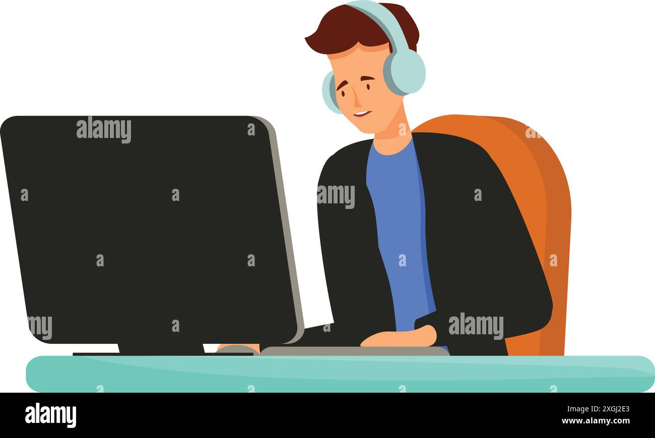 Computer programmer is coding on his computer while wearing headphones Stock Vector
