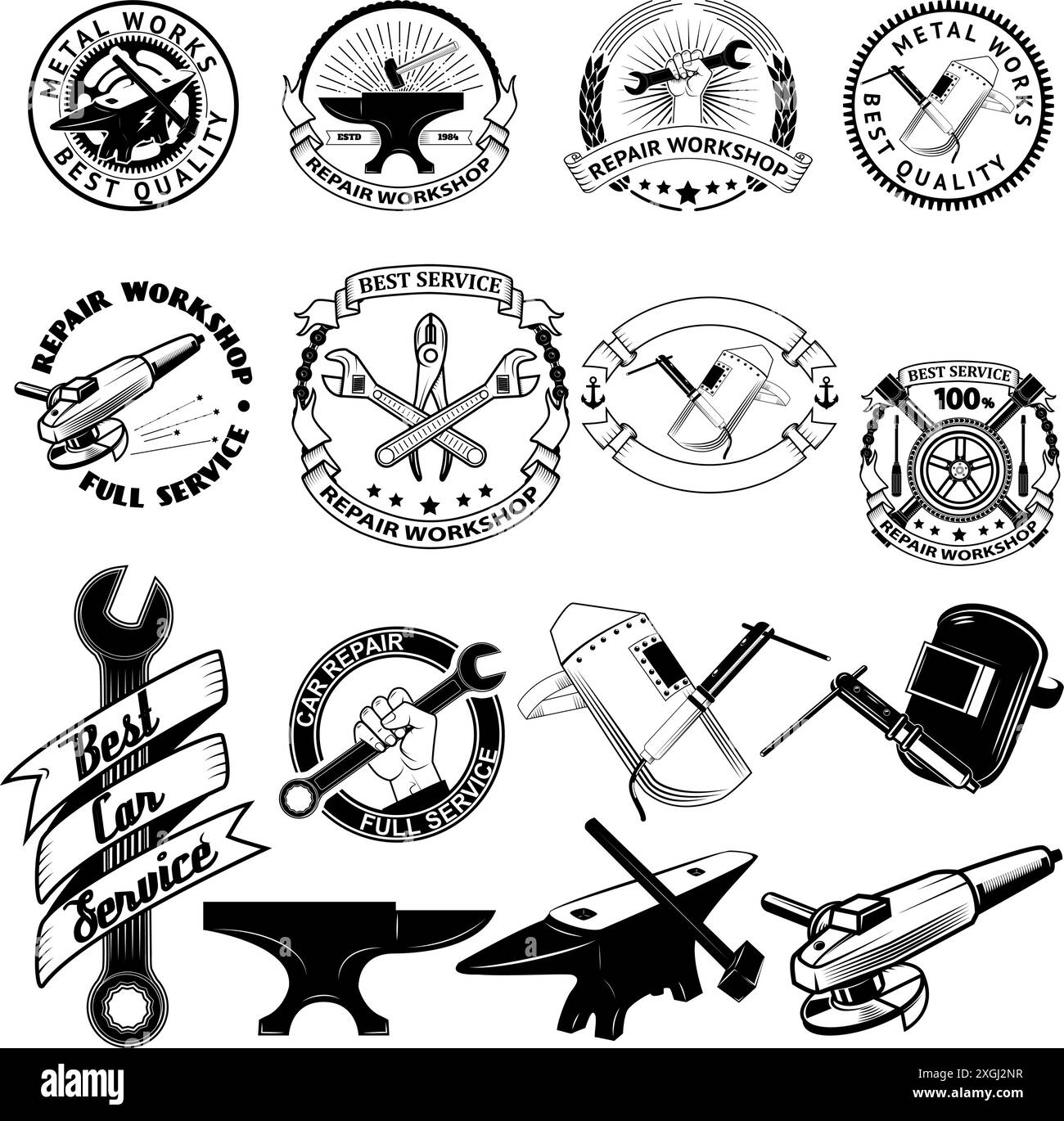 Set of repair, labels and emblems. Car servise icons. Metal