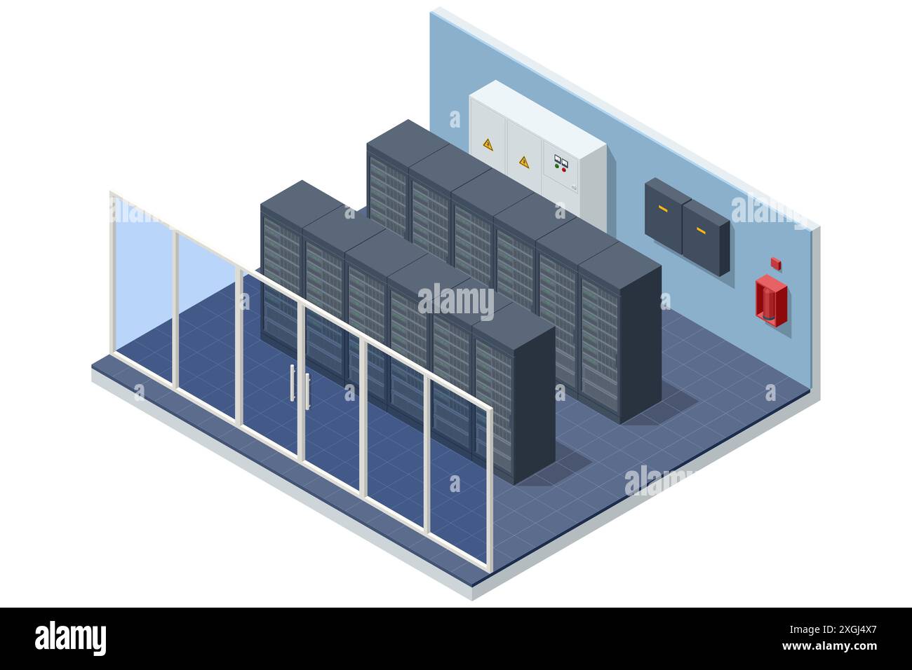 Isometric Network computing technologies Digital space. Data storage. Data center implements reliable security and backup systems, protecting data Stock Vector