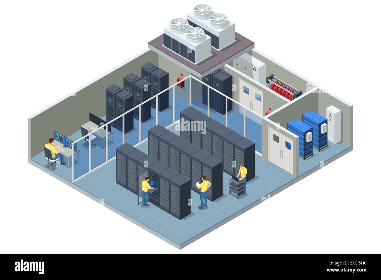 Isometric Network computing technologies Digital space. Data storage. Data center implements reliable security and backup systems, protecting data Stock Vector