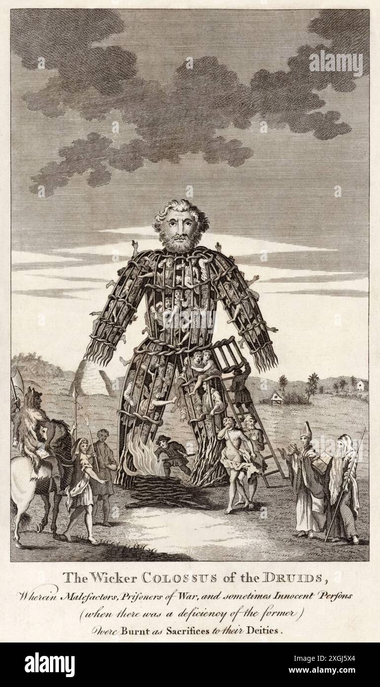 “The Wicker Colossus of the Druids, wherein Malefactors, Prisoners of War, and sometimes innocent persons (when there was a deficiency of the former were Burnt as Sacrifices to their Deities.” Photograph of engraving from ‘A Tour of Wales’ by Thomas Pennant (1726-1798) published in 1784. Stock Photo