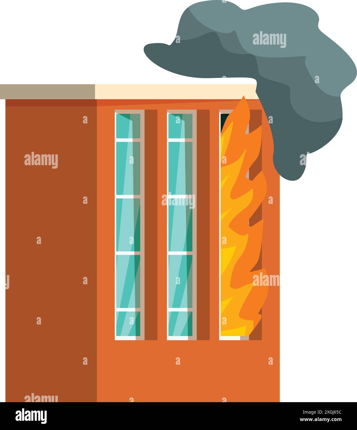 Illustration of a brick building facade burning with flames and smoke coming out of the windows Stock Vector