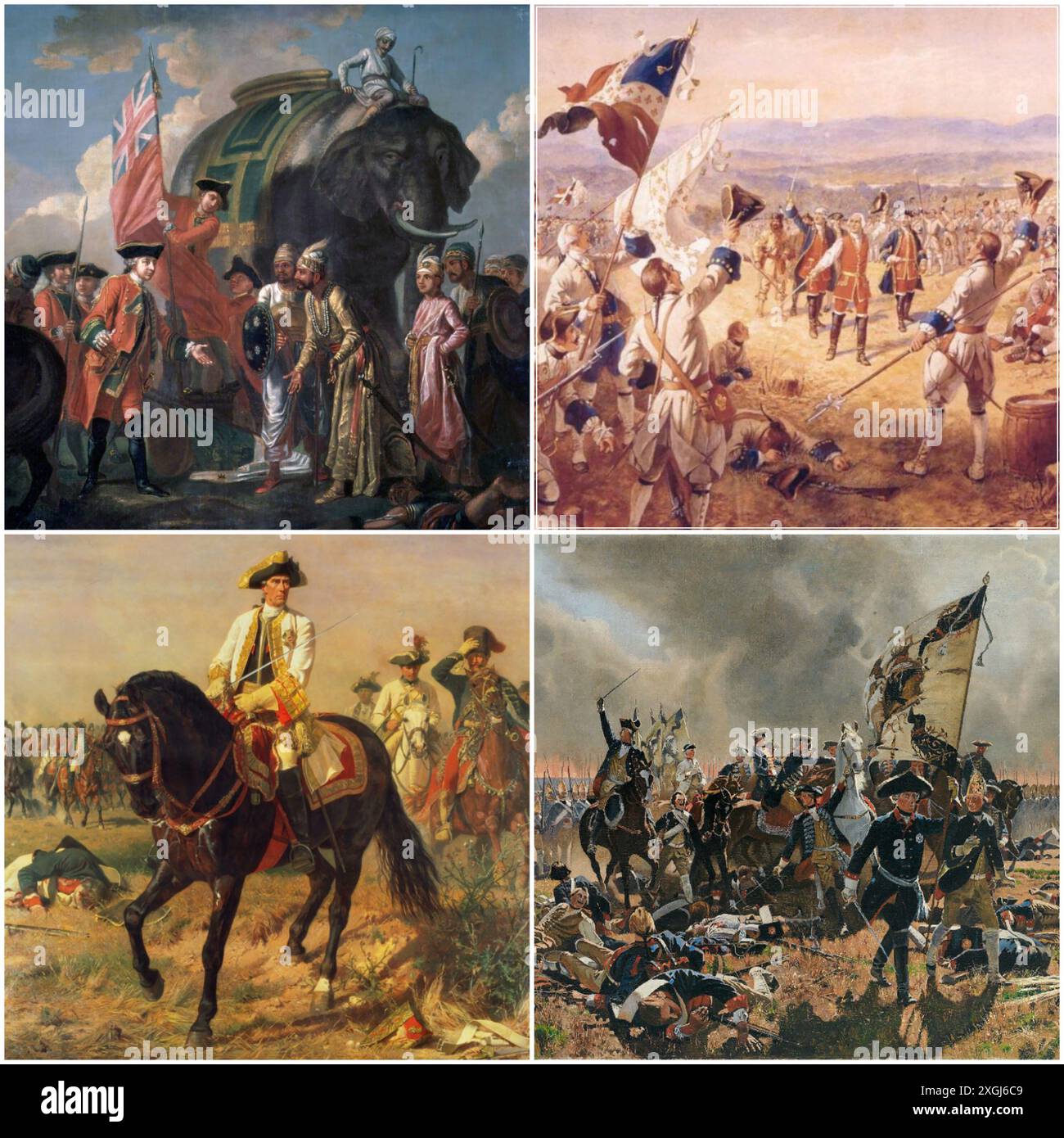 Seven Years' War Collage based on these files: Lord Clive meeting with Mir Jafar after the Battle of Plassey, 23 June 1757 The Victory of Montcalm's Troops at Carillon, 6-8 July 1758 Frederick the Great at the battle of Zorndorf, 25 August 1758 General von Laudon at the battle of Kunersdorf, 12 August 1759 Stock Photo