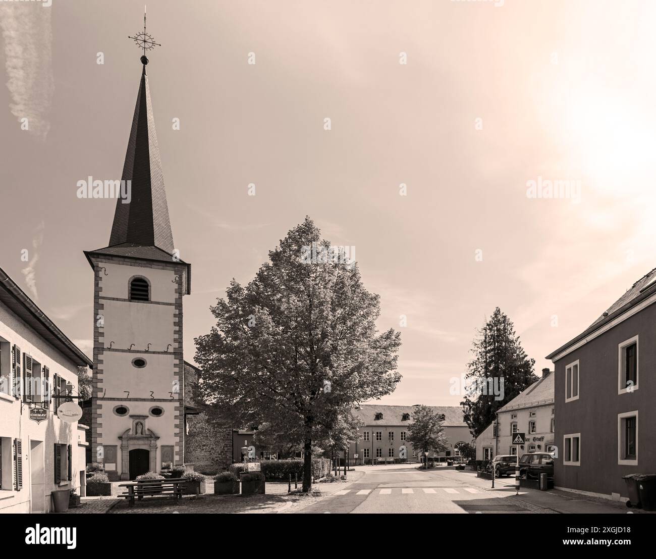 Europe, Luxembourg, Canton of Redange, Saeul, Church of the Assumption of the Blessed Virgin Mary and the Village Centre Stock Photo