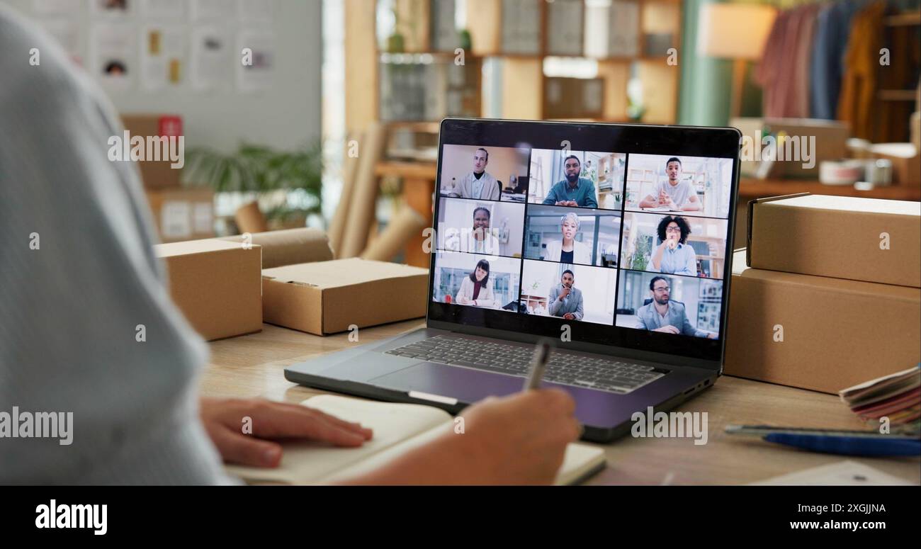 Boxes, video call and business people with computer, screen and ...
