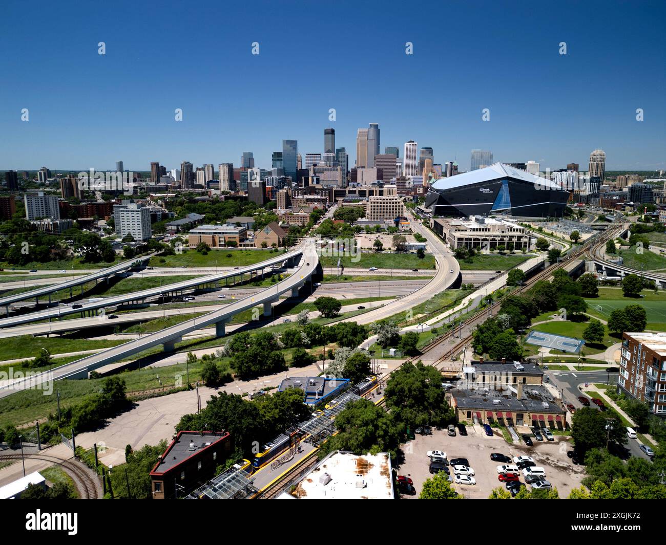 Aerial view of downtown Minneapolis with the US Bank Stadium and interstate 35 Stock Photo