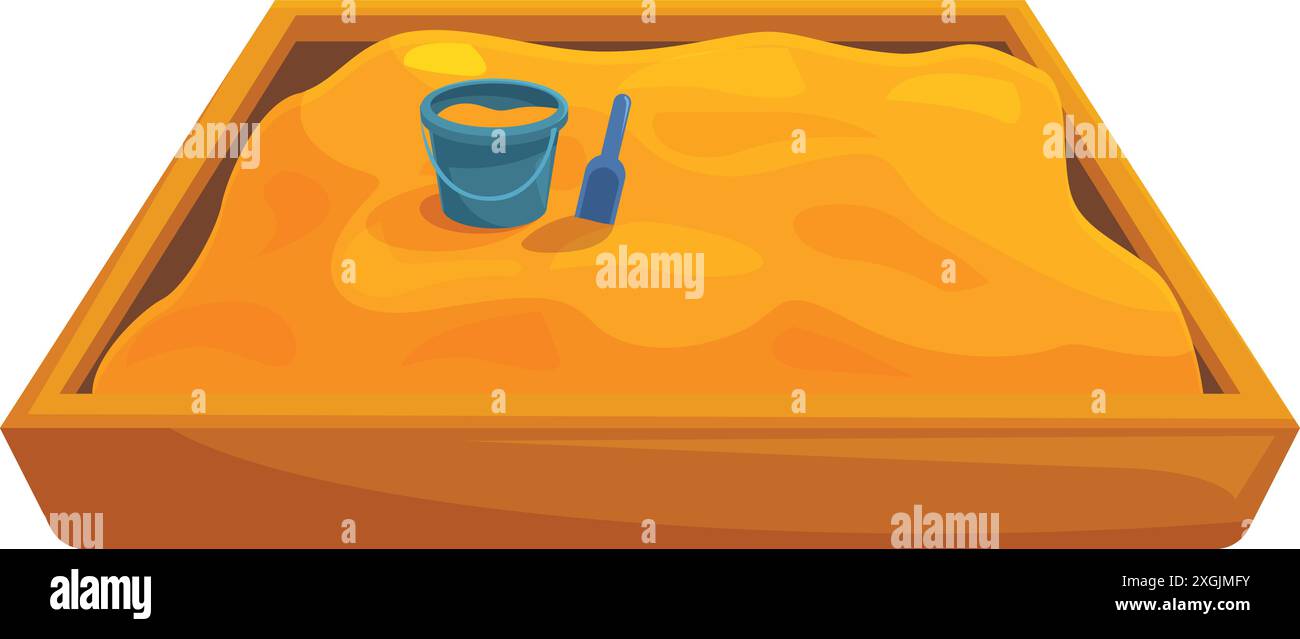 Wooden sandbox full of sand with blue plastic bucket and shovel for ...