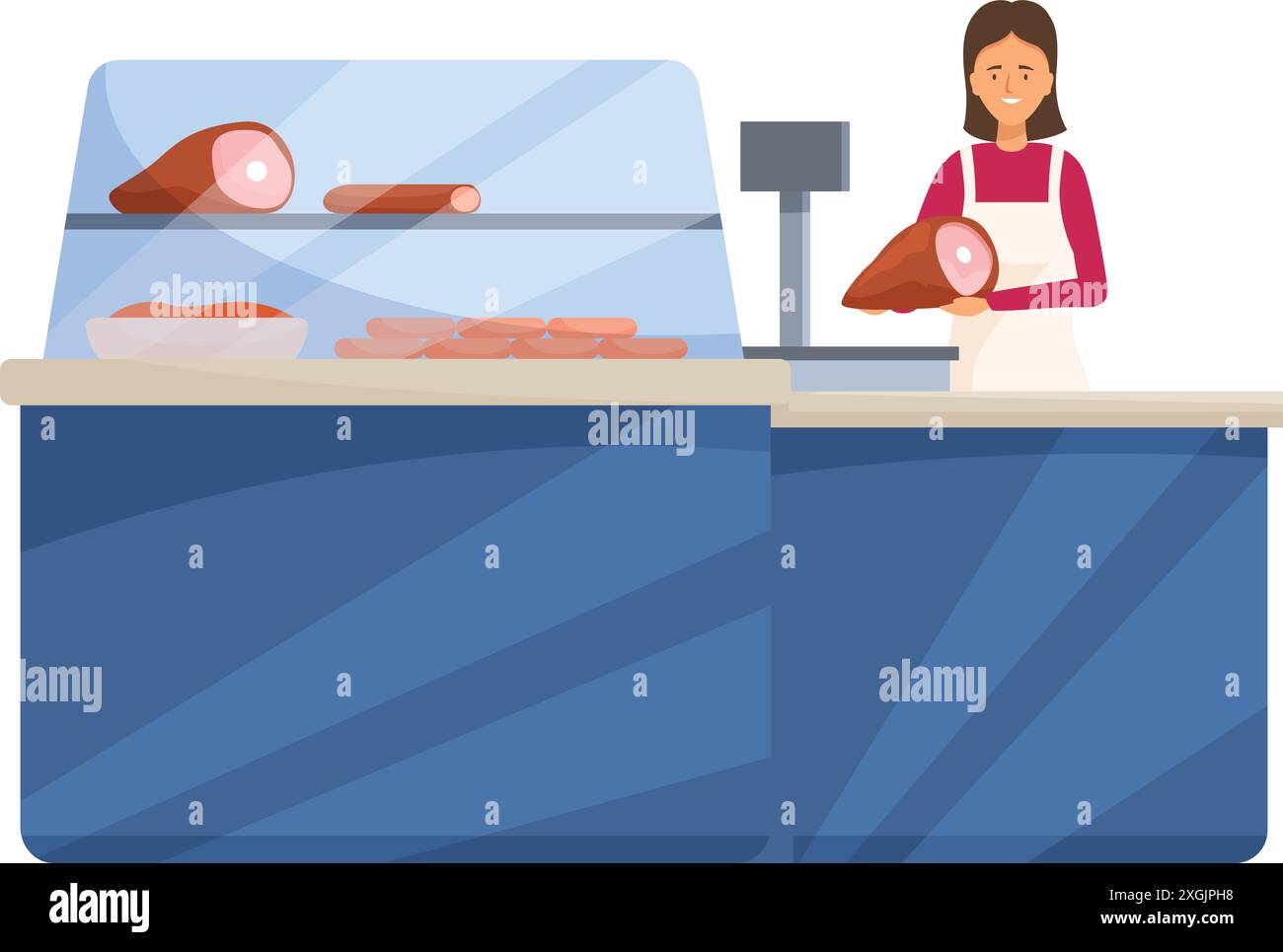 Female butcher wearing apron working behind counter holding piece of ham at butcher shop Stock Vector