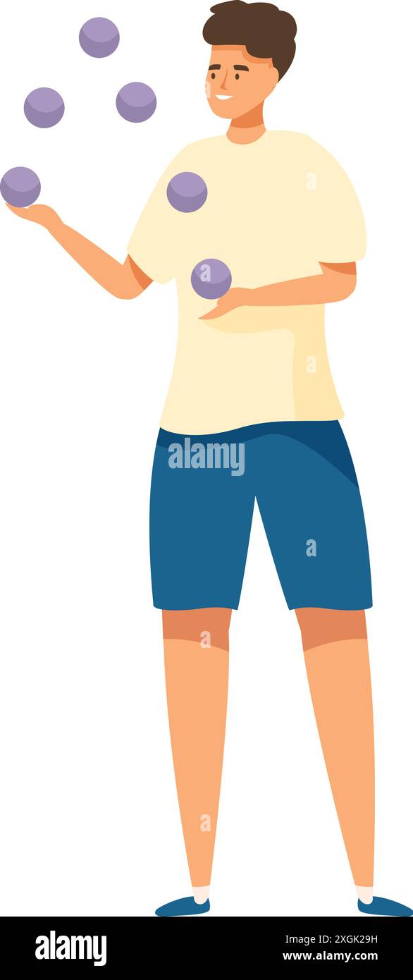 Young man is juggling several balls, demonstrating his hand eye coordination and focus Stock Vector