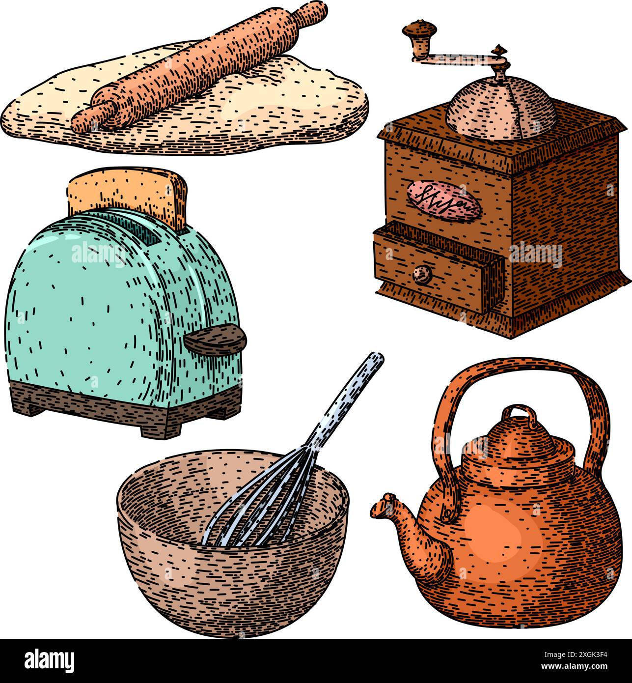kitchen utensil retro set sketch hand drawn vector Stock Vector Image ...
