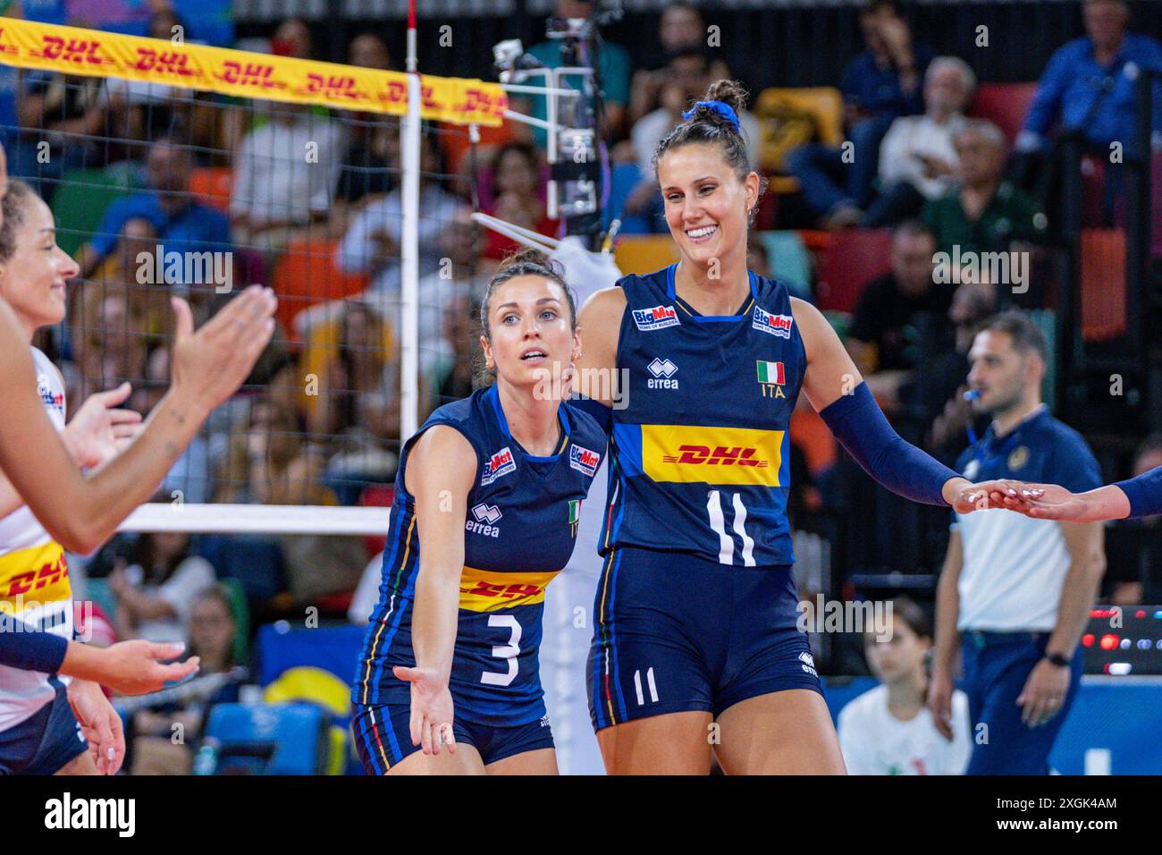 Anna Danesi (Italy) and Carlotta Cambi (Italy) during Women's Test Match - Italy vs Serbia, Volleyball Test Match in Florence, Italy, July 09 2024 Stock Photo