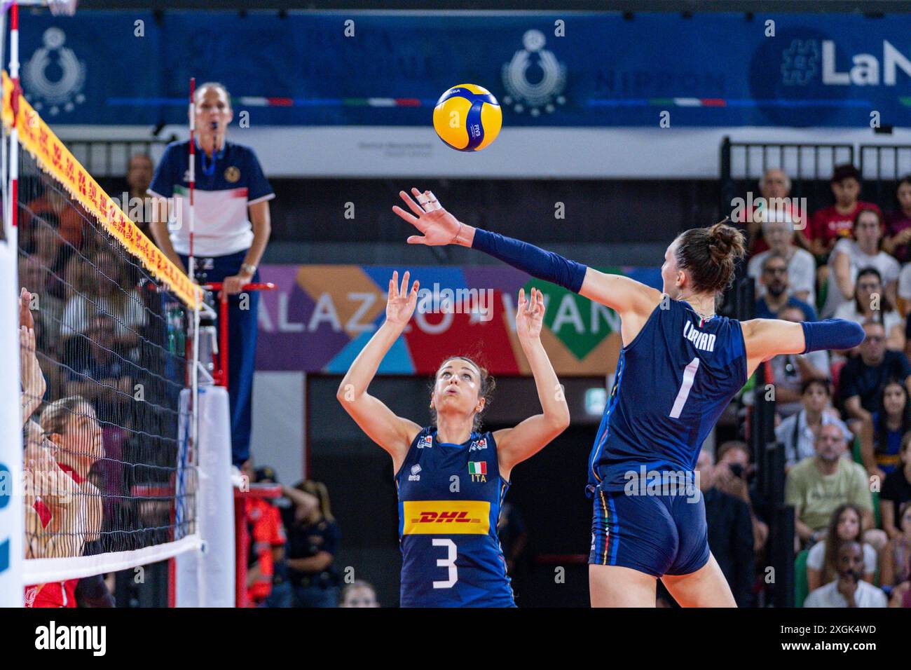 Carlotta Cambi (Italy) and Marina Lubian (Italy) during Women's Test Match - Italy vs Serbia, Volleyball Test Match in Florence, Italy, July 09 2024 Stock Photo