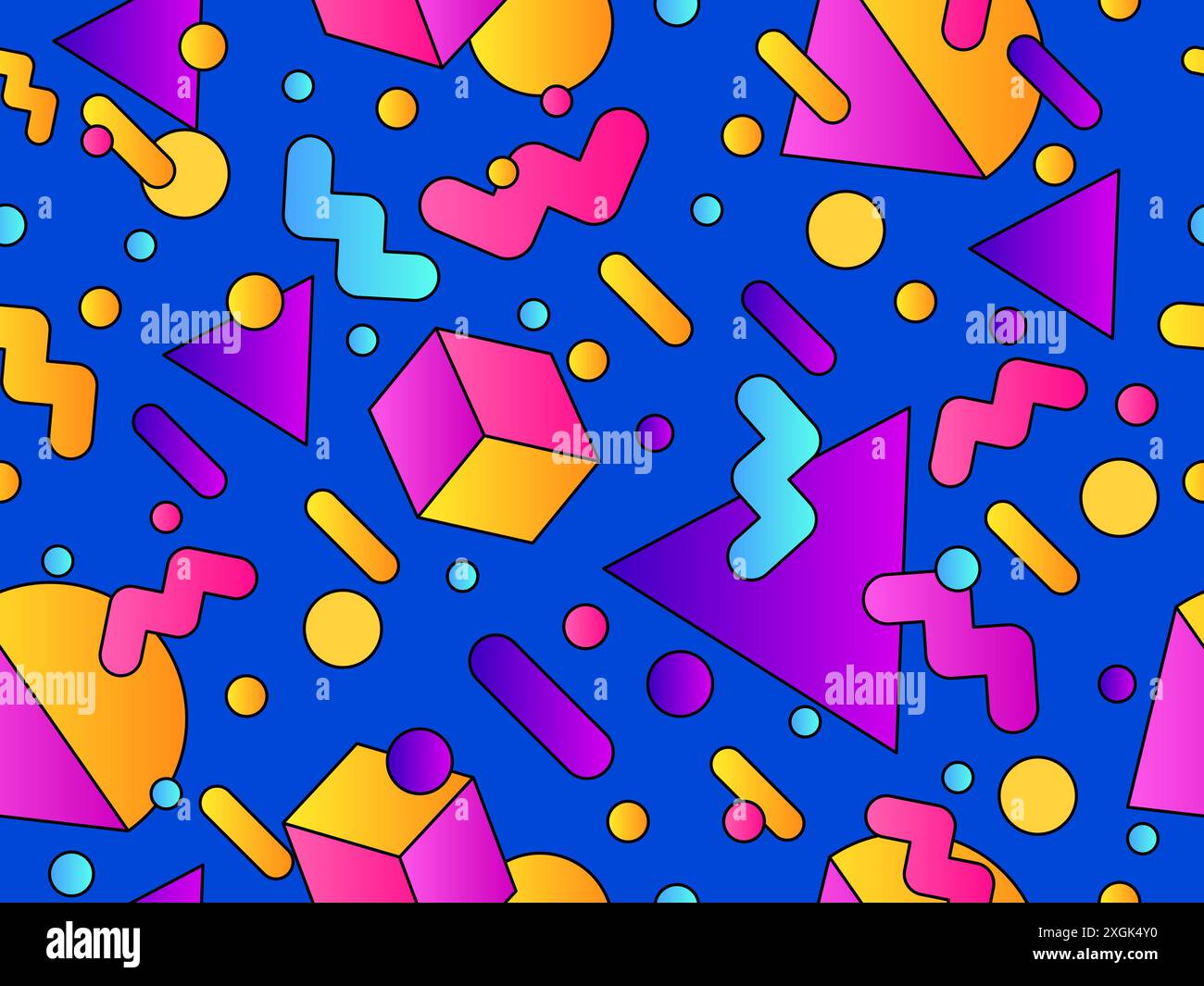 Geometric seamless pattern with 3d shapes in 80s style. Colorful ...
