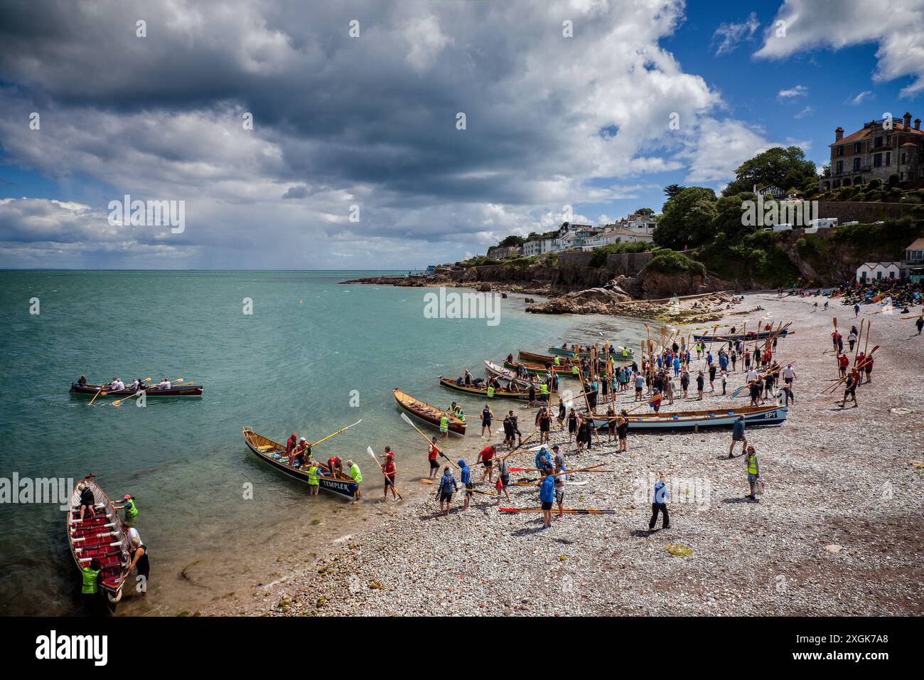 GB - DEVON:  Getting ready for the Gig Regatta across Torbay at Breakwater Beach, Brixham, Devon, United Kingdom  (06 July 2024, © Edmund Nagele FRPS Stock Photo