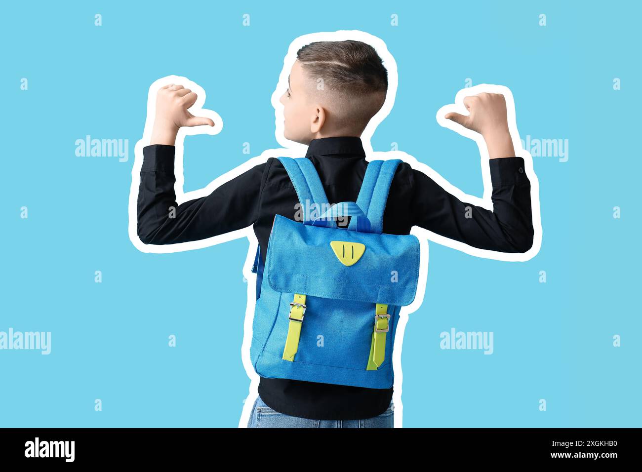 Cute schoolboy with backpack on light blue background, back view Stock ...