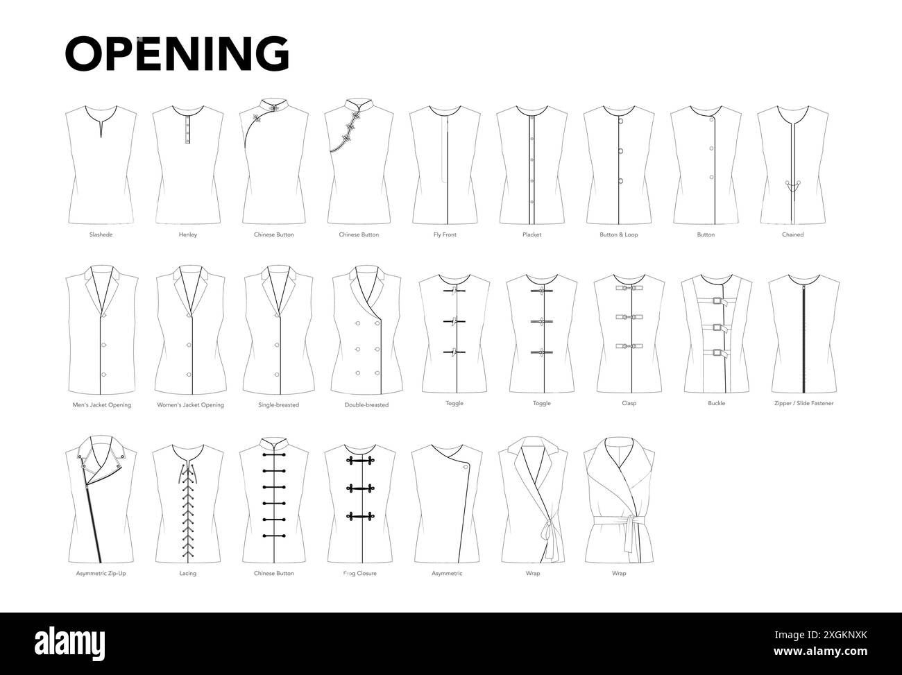 Set of openings for tops, shirts, jackets, blouses, coats, dresses styles technical fashion illustration. Flat apparel template front view. Women, men unisex CAD mockup isolated on white Stock Vector