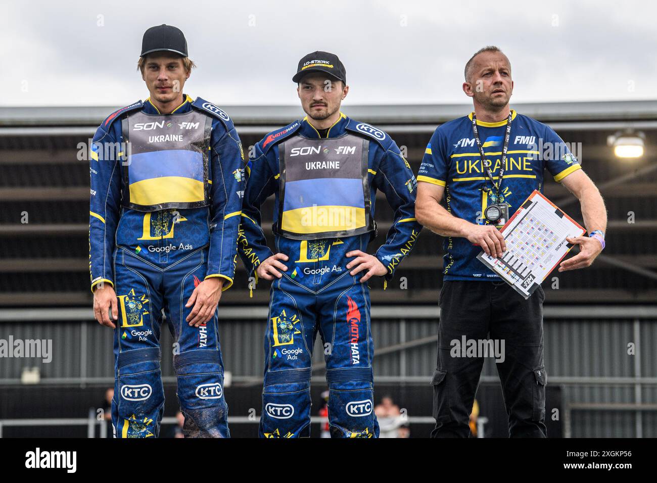 Ukraine: (L to R) Stanislav Melnychuk, Marko Levishyn and Team manager, Stanislaw Burza during the Monster Energy FIM Speedway of Nations Semi-Final 1 at the National Speedway Stadium, Manchester on Tuesday 9th July 2024. (Photo: Ian Charles | MI News) Credit: MI News & Sport /Alamy Live News Stock Photo