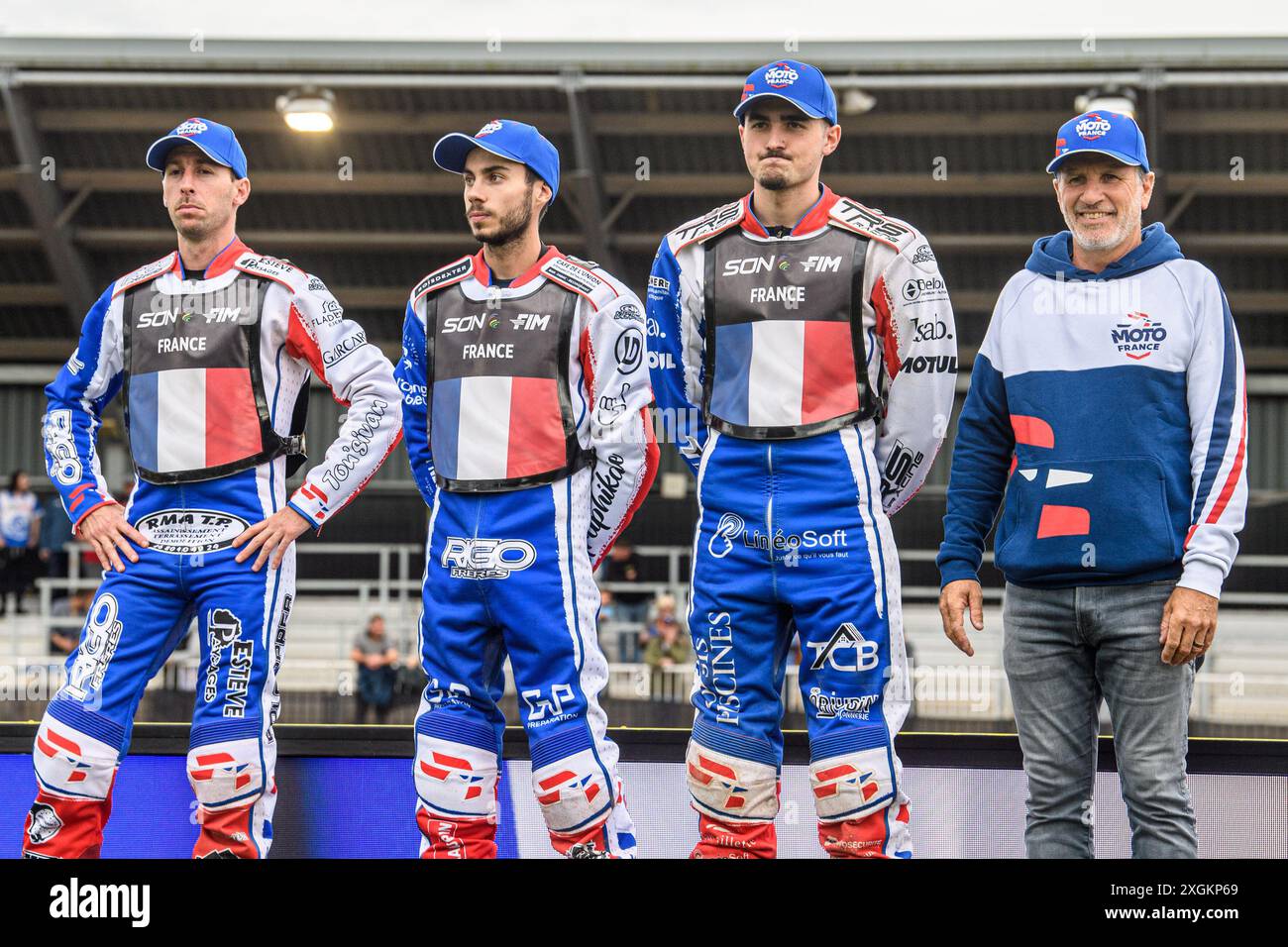 France: (L to R) David Bellego, Steven Goret, Mathias Trésarrieu and Team  manager, Laurent Sambarrey during the Monster Energy FIM Speedway of  Nations Semi-Final 1 at the National Speedway Stadium, Manchester on
