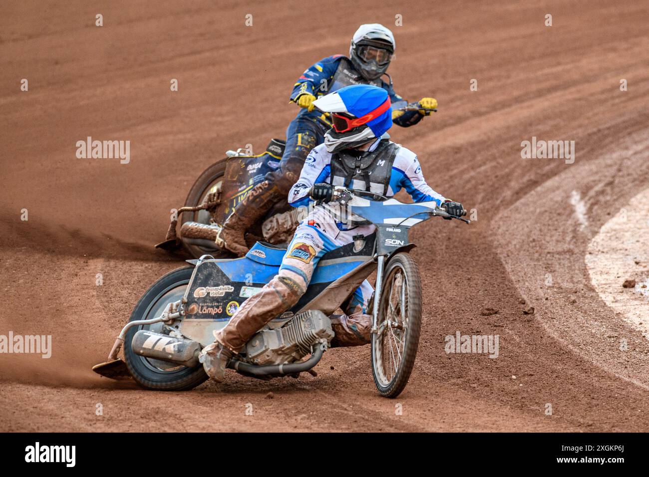 Antti Vuolas of Finland in Blue leading Stanislav Melnychuk of Ukraine in White during the Monster Energy FIM Speedway of Nations Semi-Final 1 at the National Speedway Stadium, Manchester on Tuesday 9th July 2024. (Photo: Ian Charles | MI News) Credit: MI News & Sport /Alamy Live News Stock Photo