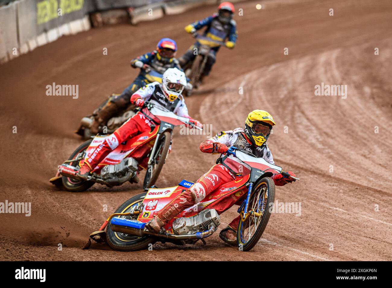 Ukraine v Poland: Bartosz Zmarzlik of Poland in Yellow leading Dominik Kubera of Poland in White with Marko Levishyn of Ukraine in Blue and Stanislav Melnychuk of Ukraine in Red behind during the Monster Energy FIM Speedway of Nations Semi-Final 1 at the National Speedway Stadium, Manchester on Tuesday 9th July 2024. (Photo: Ian Charles | MI News) Credit: MI News & Sport /Alamy Live News Stock Photo