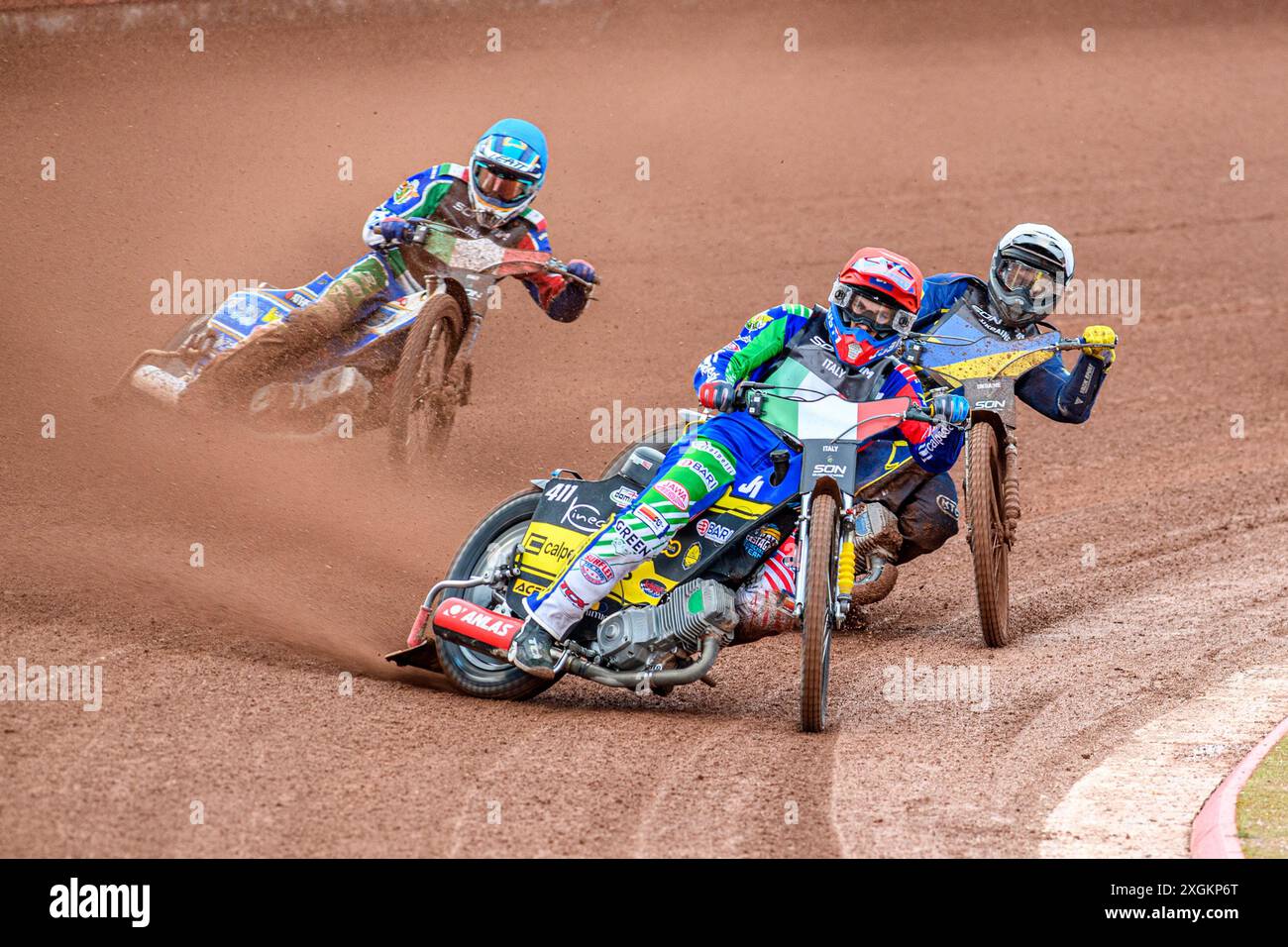 Paco Castagna of Italy in Red leading Stanislav Melnychuk of Ukraine in White and Nicolas Covatti of Italy in Blue during the Monster Energy FIM Speedway of Nations Semi-Final 1 at the National Speedway Stadium, Manchester on Tuesday 9th July 2024. (Photo: Ian Charles | MI News) Credit: MI News & Sport /Alamy Live News Stock Photo