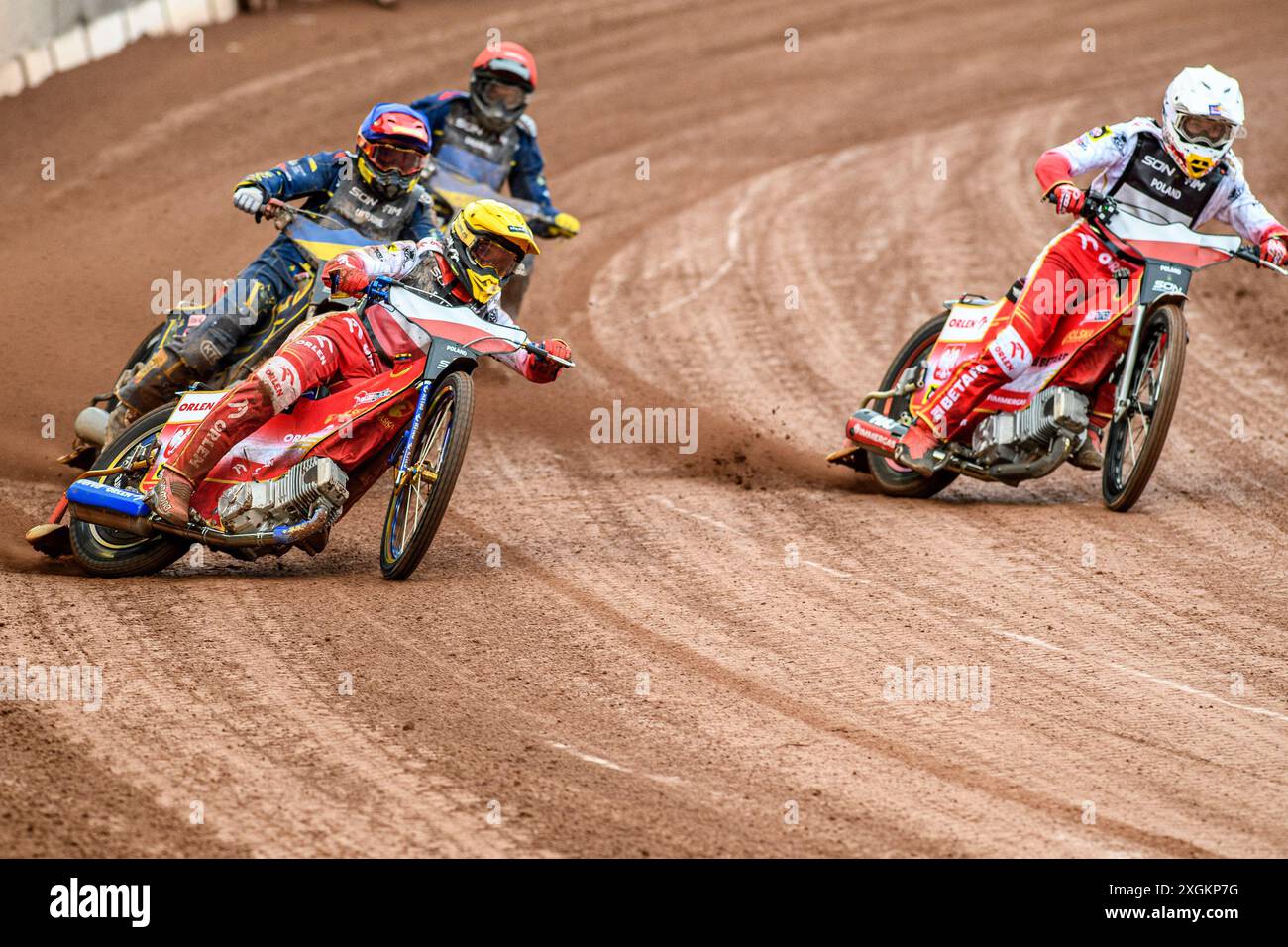 Ukraine v Poland: Bartosz Zmarzlik of Poland in Yellow leading Dominik Kubera of Poland in White with Marko Levishyn of Ukraine in Blue and Stanislav Melnychuk of Ukraine in Red behind during the Monster Energy FIM Speedway of Nations Semi-Final 1 at the National Speedway Stadium, Manchester on Tuesday 9th July 2024. (Photo: Ian Charles | MI News) Credit: MI News & Sport /Alamy Live News Stock Photo