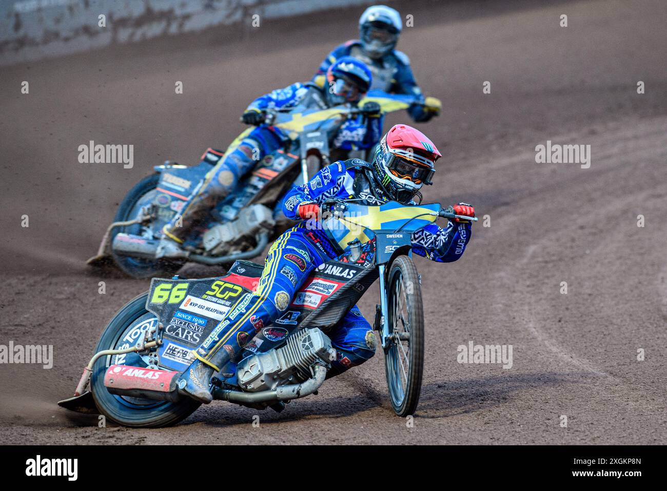 Fredrik Lindgren of Sweden in Red leading Jacob Thorssell of Sweden in Blue and Stanislav Melnychuk of Ukraine in White during the Monster Energy FIM Speedway of Nations Semi-Final 1 at the National Speedway Stadium, Manchester on Tuesday 9th July 2024. (Photo: Ian Charles | MI News) Credit: MI News & Sport /Alamy Live News Stock Photo
