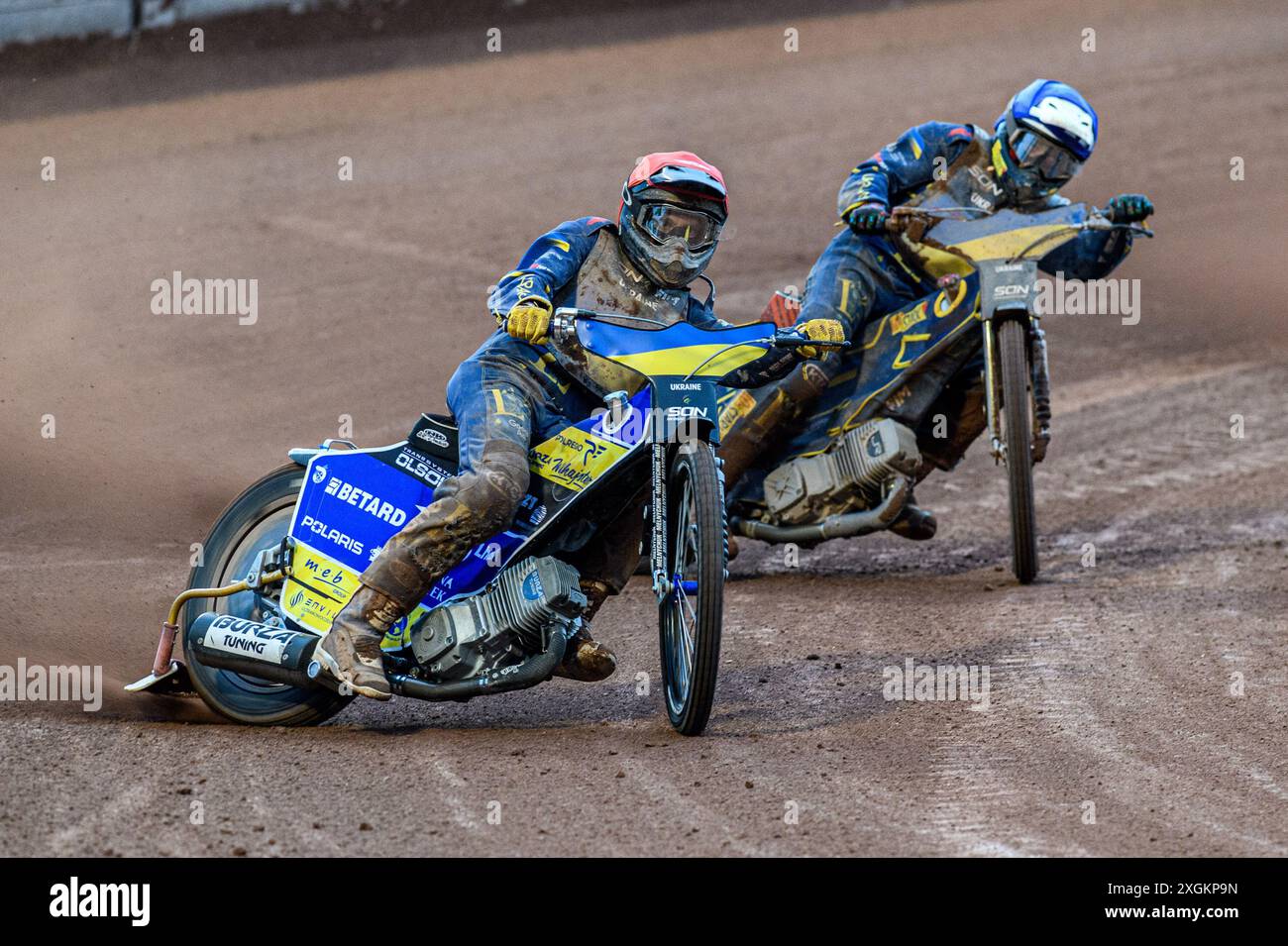 Stanislav Melnychuk of Ukraine in Red leading team mate Marko Levishyn of Ukraine in Blue during the Monster Energy FIM Speedway of Nations Semi-Final 1 at the National Speedway Stadium, Manchester on Tuesday 9th July 2024. (Photo: Ian Charles | MI News) Credit: MI News & Sport /Alamy Live News Stock Photo