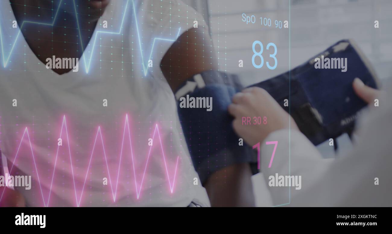 Image of heart rate monitor over mid section of female doctor checking blood pressure of patient Stock Photo