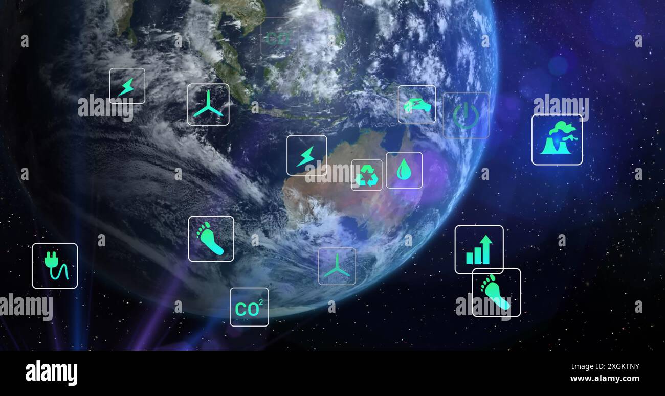 Image of digital eco icons processing over globe Stock Photo