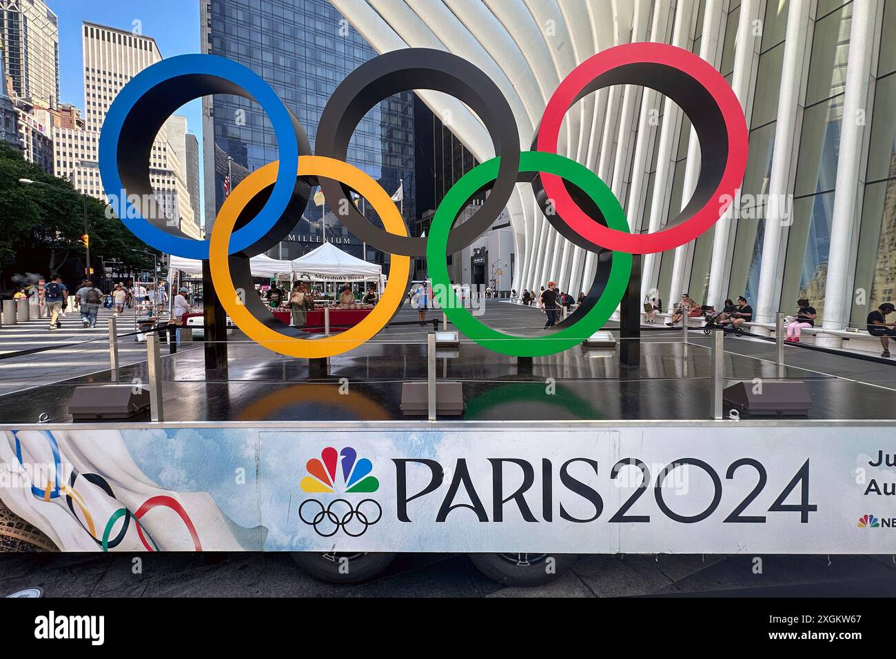 Five Rings Interlocking Olympic rings are on display in New York on Tuesday, July 9, 2024 ...
