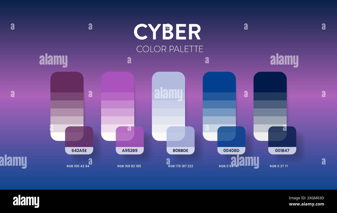 Color palette guide in Cyber colour theme collections. Color inspiration or chart with codes template. Color combination RGB. Colors swatches for grap Stock Vector