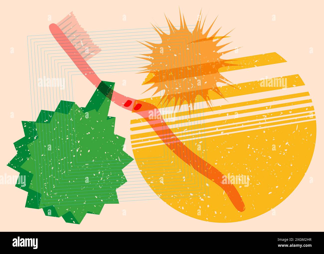 Risograph Toothbrush with speech bubble with geometric shapes. Objects in trendy riso graph print texture style design with geometry elements. Stock Vector
