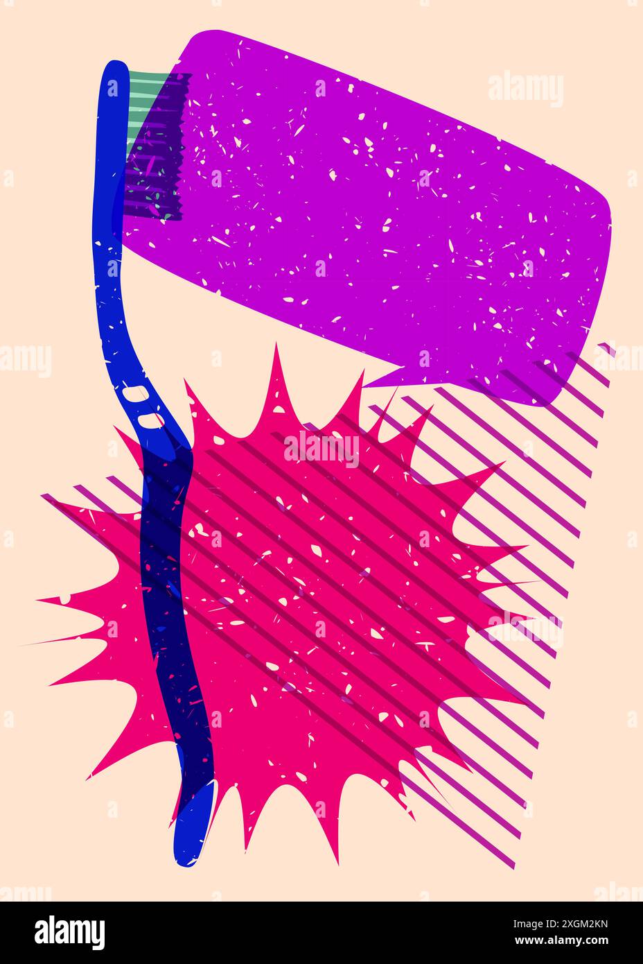 Risograph Toothbrush with speech bubble with geometric shapes. Objects in trendy riso graph print texture style design with geometry elements. Stock Vector