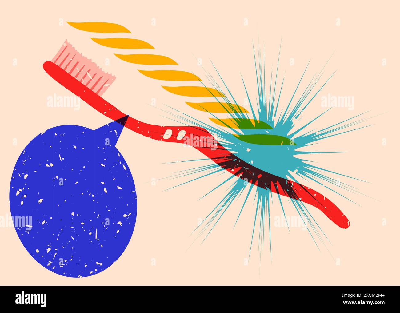 Risograph Toothbrush with speech bubble with geometric shapes. Objects in trendy riso graph print texture style design with geometry elements. Stock Vector