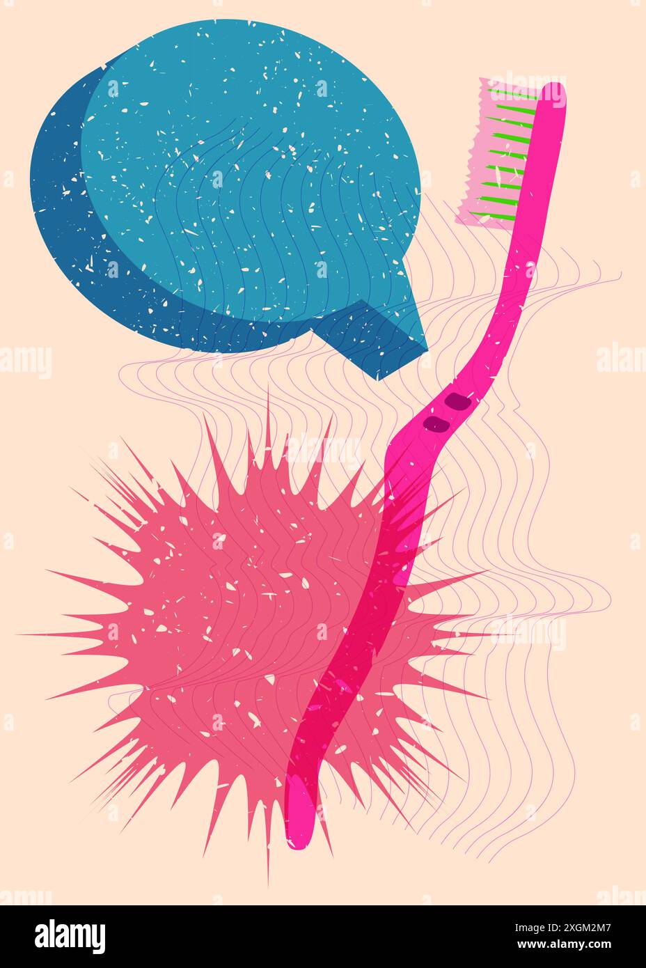 Risograph Toothbrush with speech bubble with geometric shapes. Objects in trendy riso graph print texture style design with geometry elements. Stock Vector