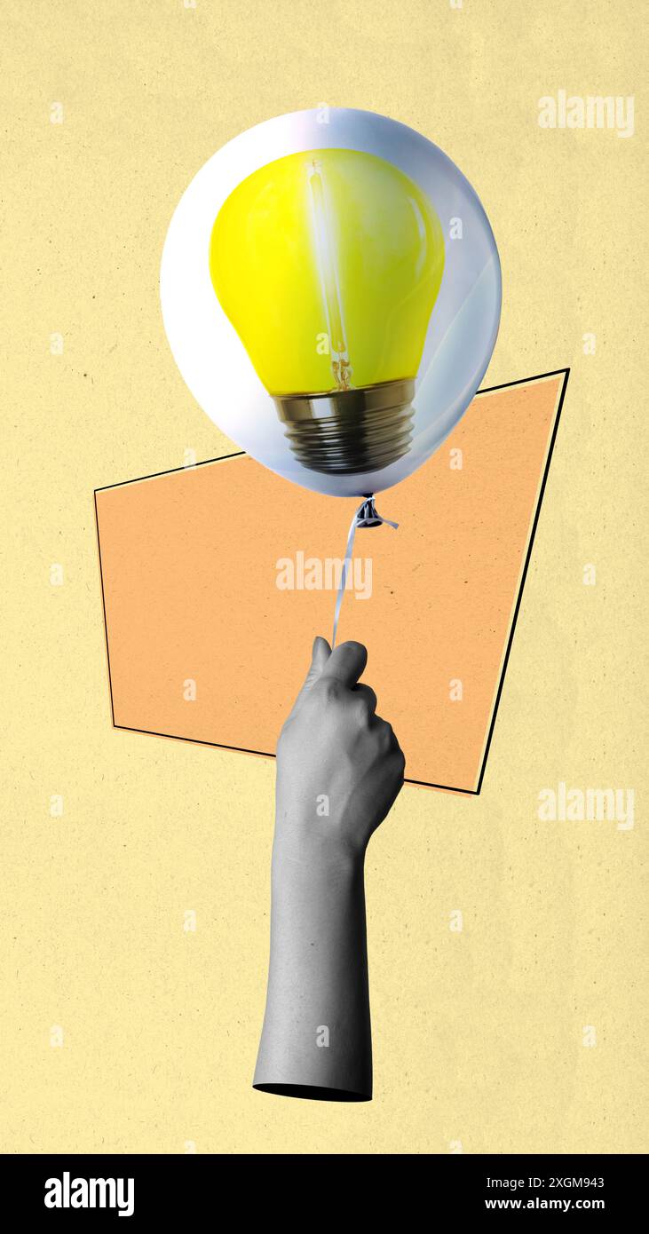 A human hand shows a balloon of bright light bulbs as a symbol of new ideas on a colored background. Collage art Stock Photo