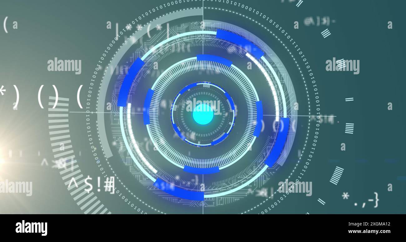 Image of processing circles and math formulas on grey background. Data processing, communication and technology concept digitally generated image. Stock Photo