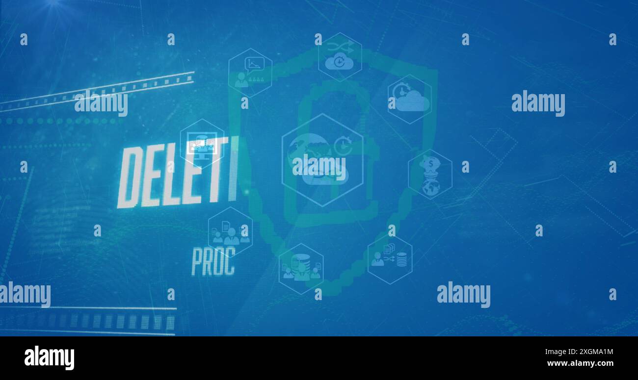 Image of files deleting processing, icons, security symbol against blue background. Digital composite, communication, technology, cloud computing, dat Stock Photo