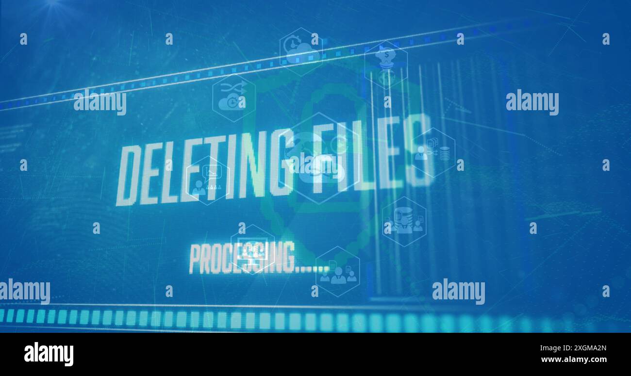Image of files deleting processing, icons, security symbol against blue background. Digital composite, communication, technology, cloud computing, dat Stock Photo