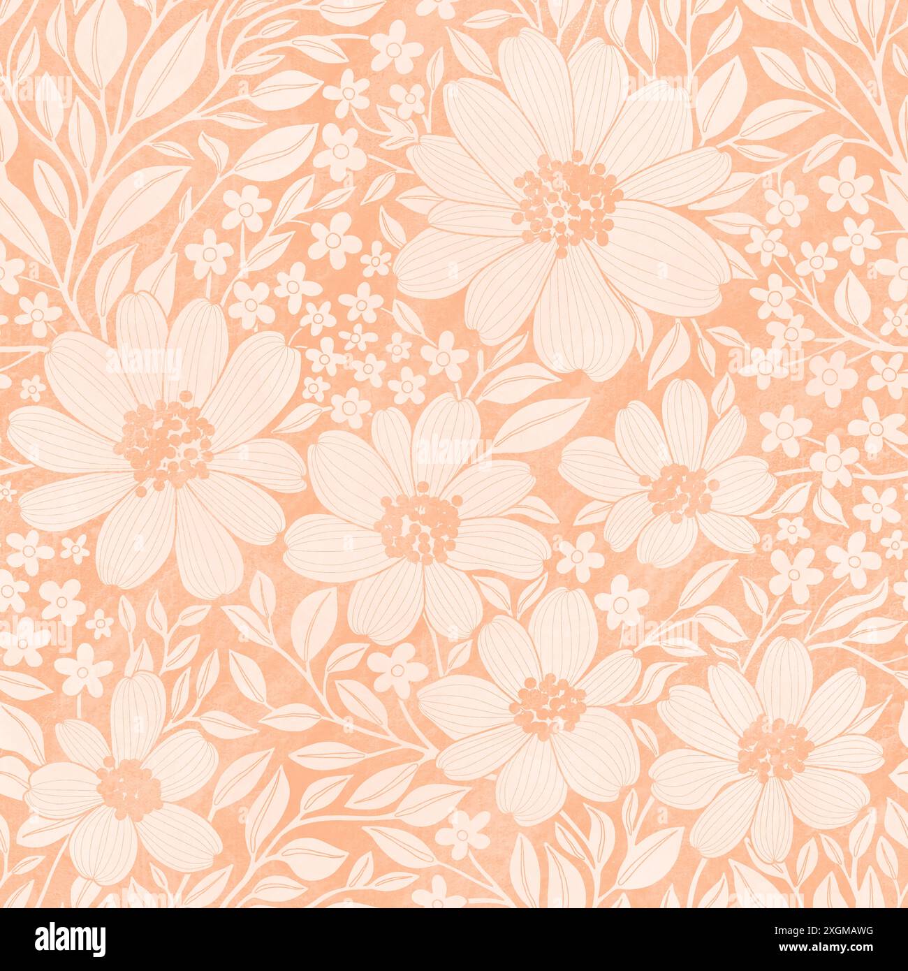 Floral Seamless Pattern ofPastel Peach Flowers and Leaves with Texture ...