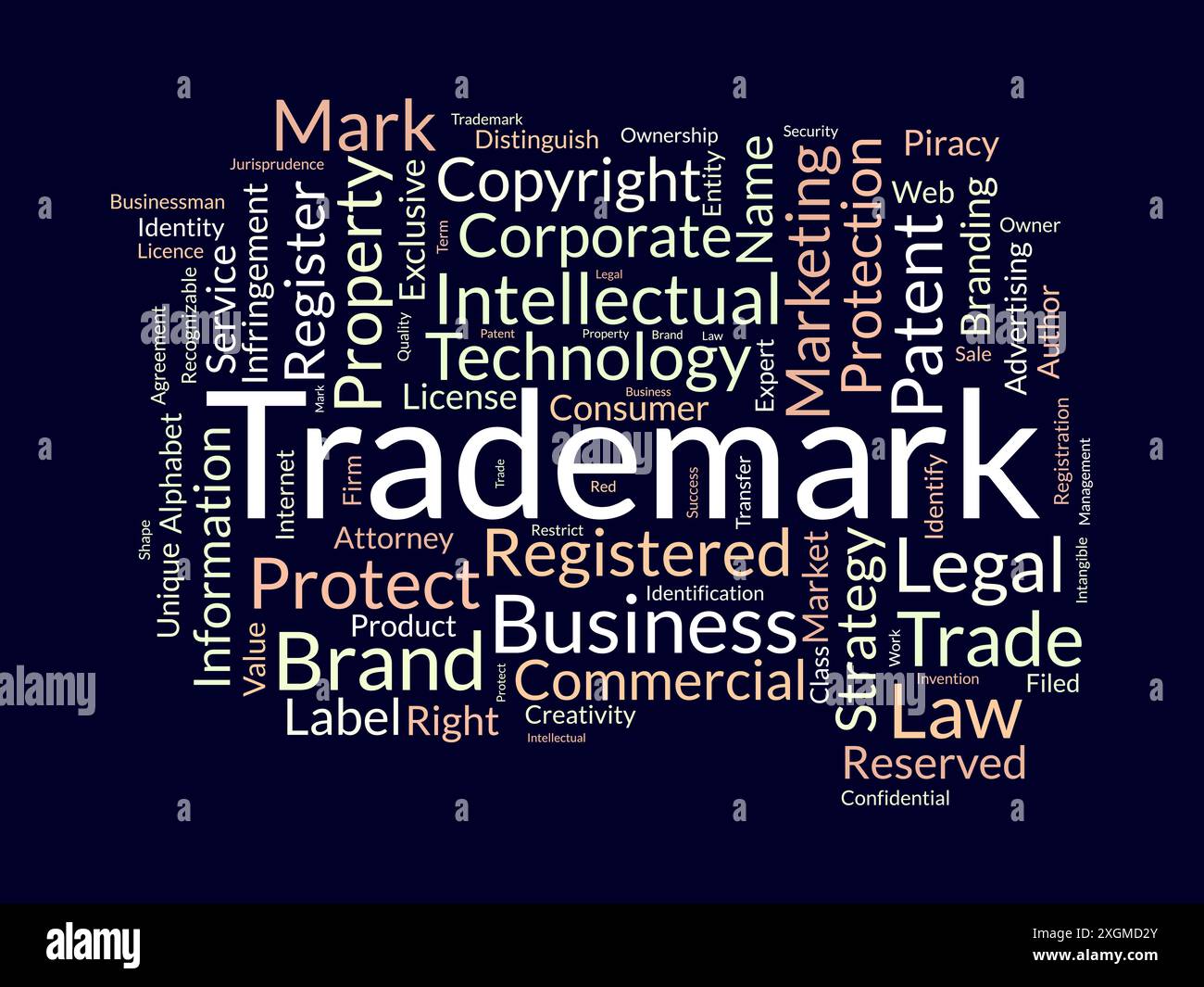 Trademark wordcloud template. Business rights concept vector background. Stock Vector