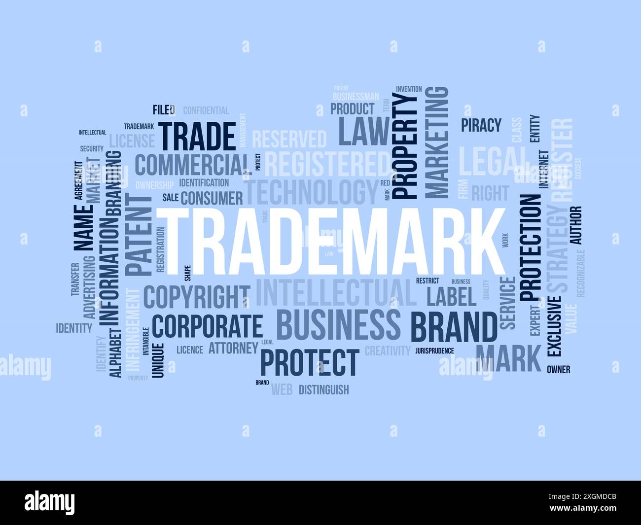Trademark wordcloud template. Business rights concept vector background. Stock Vector