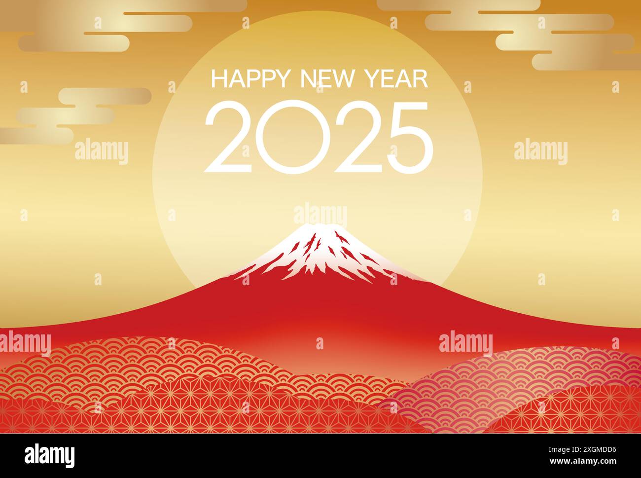 The Year 2025 New Year’s Greeting Card Vector Template With Red Mt. Fuji And The Rising Sun On A